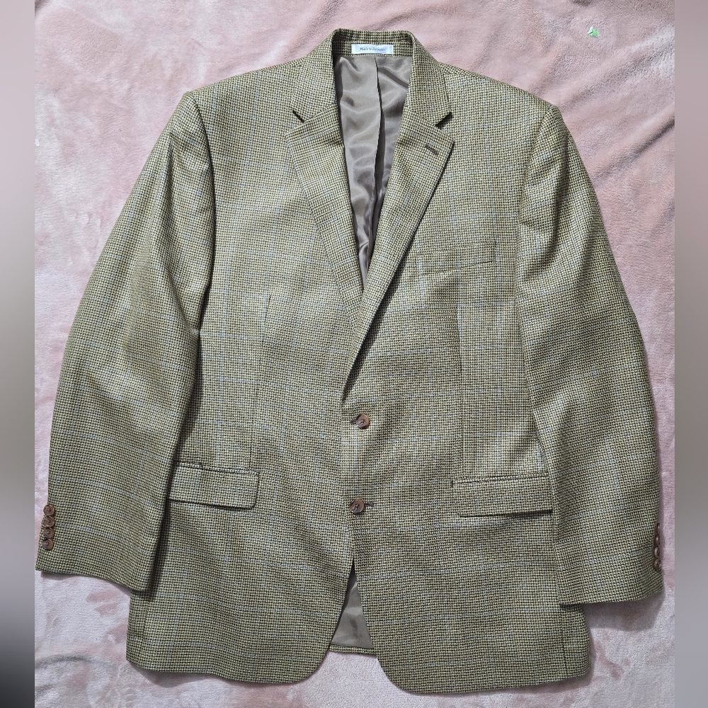 Lauren Ralph Lauren Houndstooth Blazer Brown Tan Wool Silk Mens Sport Coat 44L